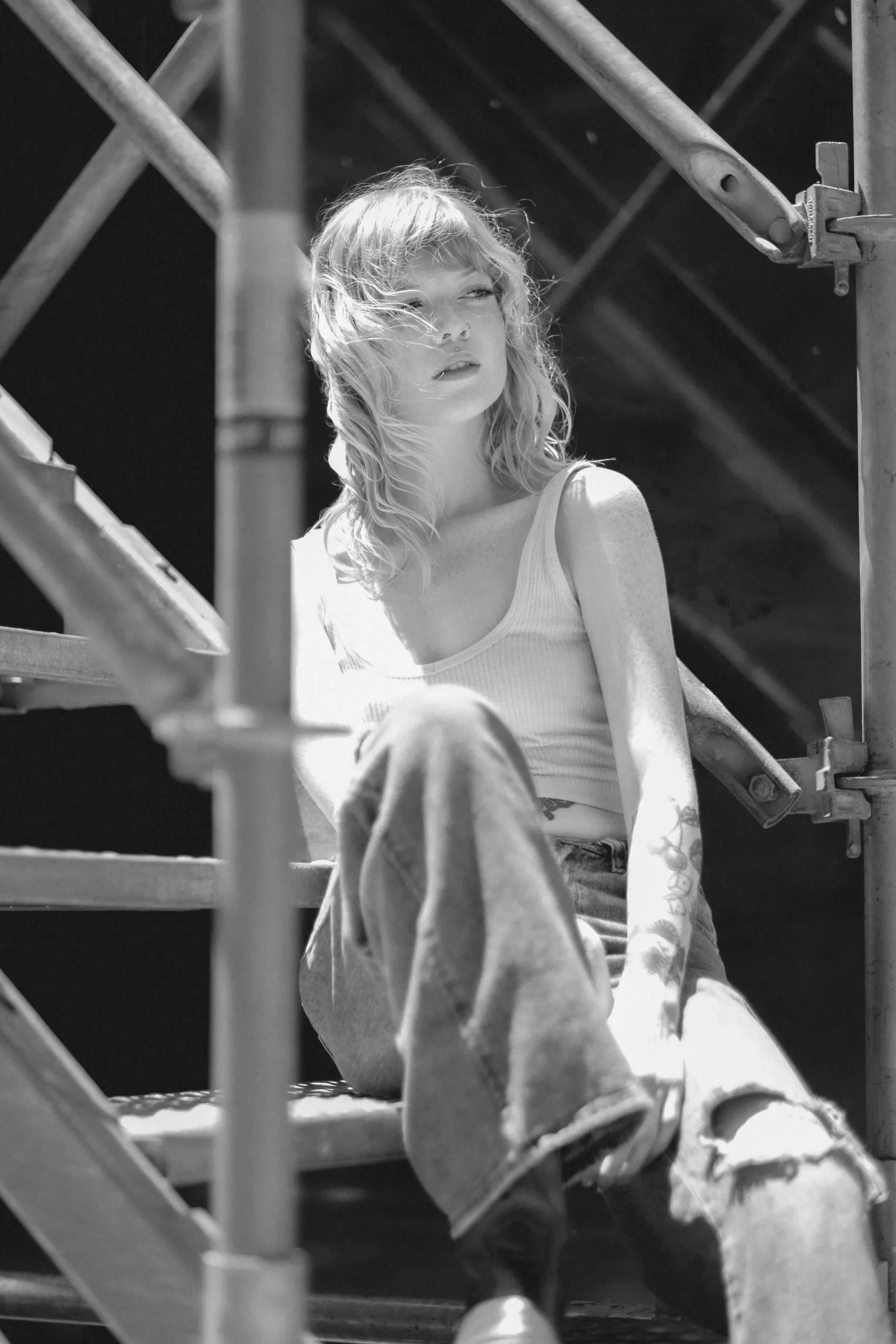 Black-and-white close portrait from the downtown session